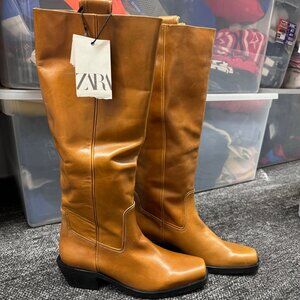 ZARA HEELED LEATHER SQUARE TOE COWBOY BOOTS